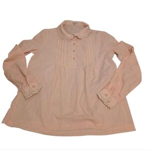 Vintage Pink Long Sleeve Pleated Front Blouse with Lace Trim Cuffs & Neck Size S
